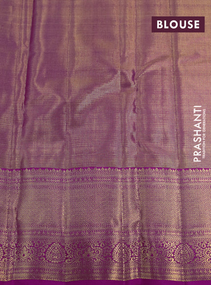 Kanchipuram tissue silk saree dual shade of gold and pink with allover silver zari woven brocade weaves and long zari woven border