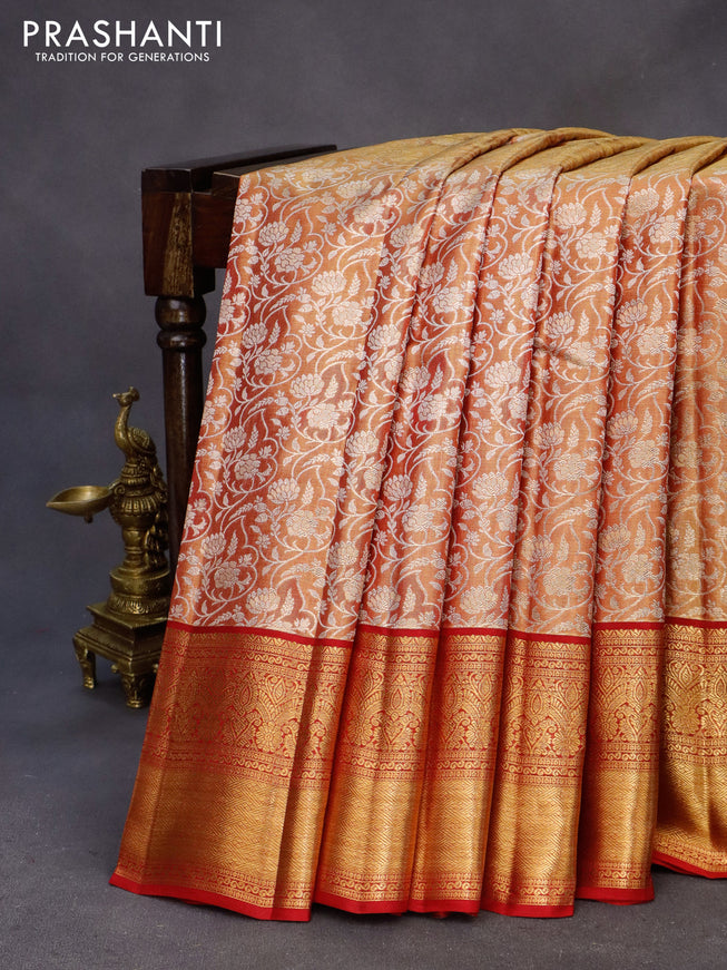 Kanchipuram tissue silk saree dual shade of goldish red and red with allover zari woven brocade weaves and long zari woven border