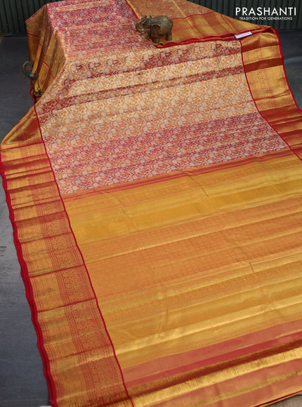 Kanchipuram tissue silk saree dual shade of goldish red and red with allover zari woven brocade weaves and long zari woven border