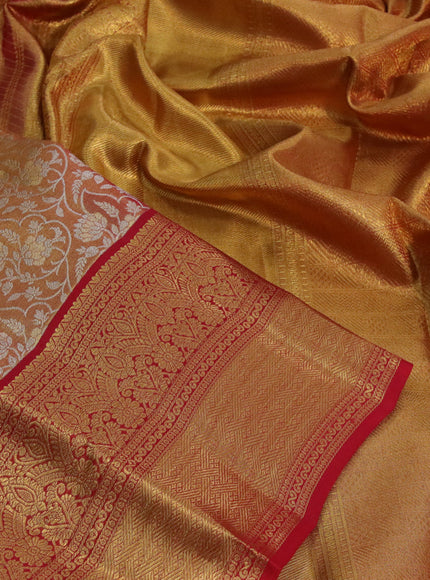 Kanchipuram tissue silk saree dual shade of goldish red and red with allover zari woven brocade weaves and long zari woven border