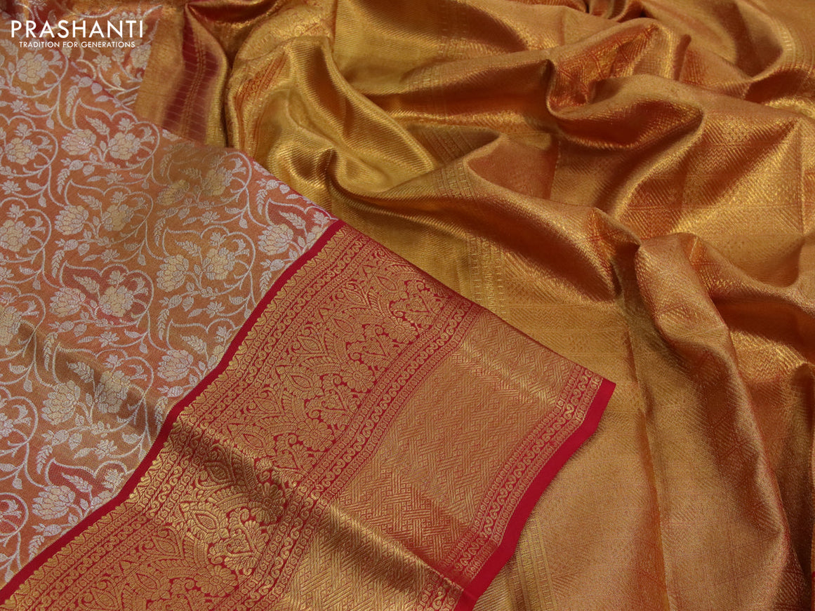 Kanchipuram tissue silk saree dual shade of goldish red and red with allover zari woven brocade weaves and long zari woven border