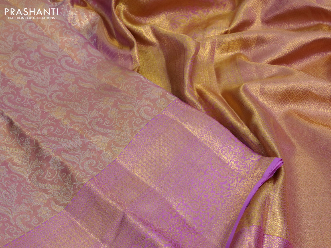 Kanchipuram tissue silk saree dual shade of gold and light pink with allover silver zari woven brocade weaves and long zari woven border