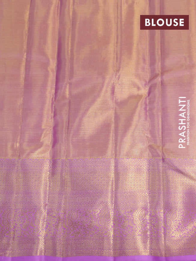 Kanchipuram tissue silk saree dual shade of gold and light pink with allover silver zari woven brocade weaves and long zari woven border