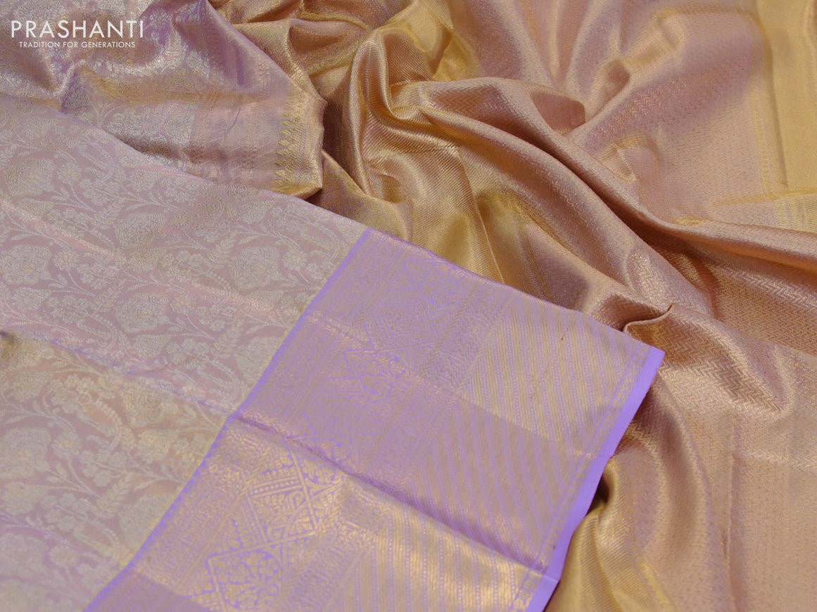 Kanchipuram tissue silk saree dual shade of lavender with allover silver zari woven brocade weaves and long zari woven border