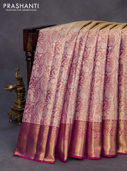 Kanchipuram tissue silk saree dual shade of gold and dark pink with allover silver zari woven brocade weaves and zari woven border