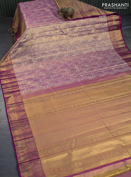 Kanchipuram tissue silk saree dual shade of gold and dark pink with allover silver zari woven brocade weaves and zari woven border