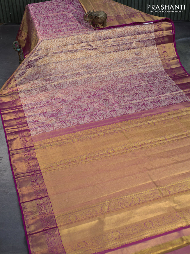 Kanchipuram tissue silk saree dual shade of gold and dark pink with allover silver zari woven brocade weaves and zari woven border