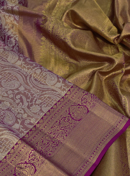 Kanchipuram tissue silk saree dual shade of gold and dark pink with allover silver zari woven brocade weaves and zari woven border