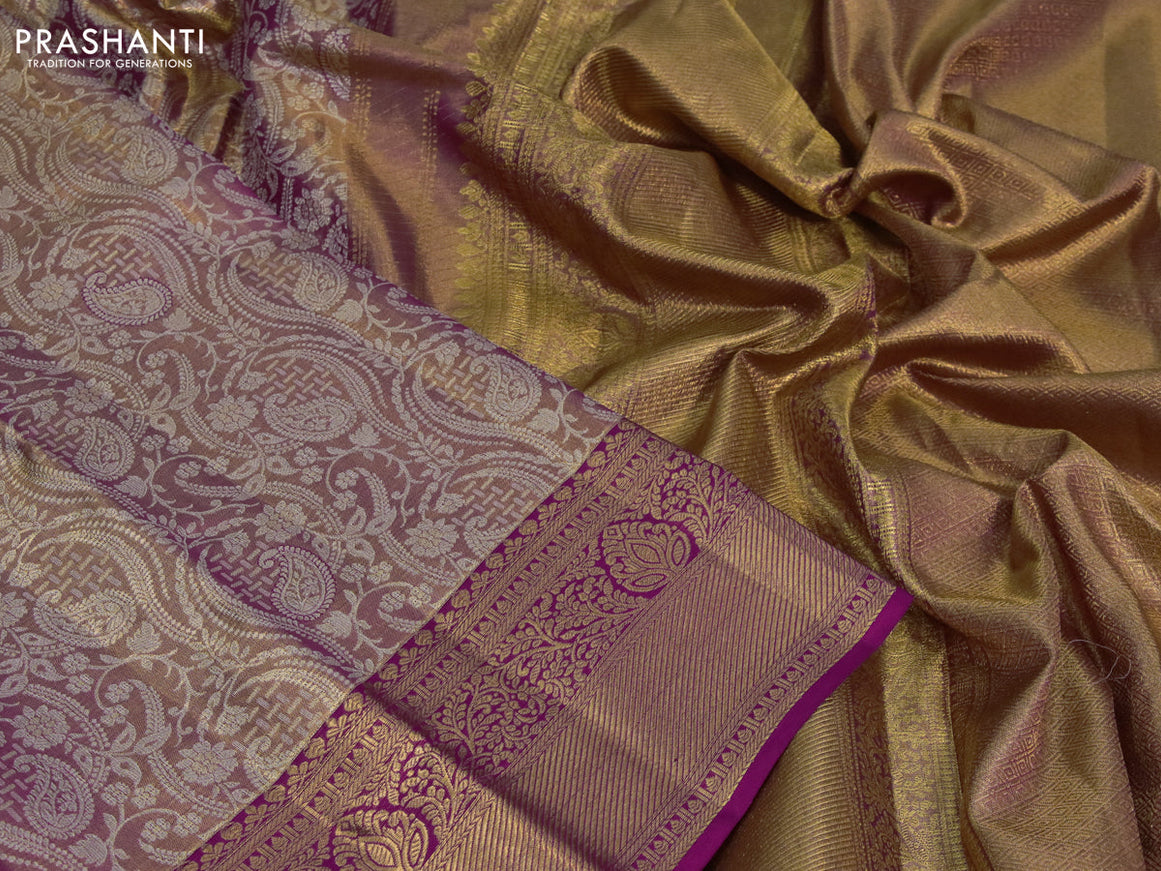 Kanchipuram tissue silk saree dual shade of gold and dark pink with allover silver zari woven brocade weaves and zari woven border