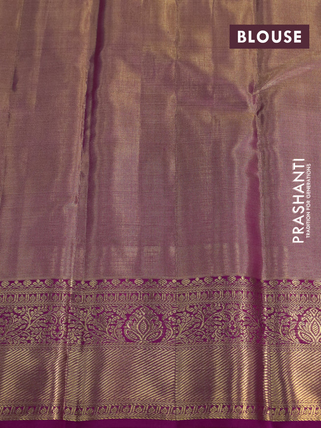 Kanchipuram tissue silk saree dual shade of gold and dark pink with allover silver zari woven brocade weaves and zari woven border