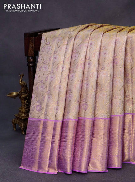 Kanchipuram tissue silk saree dual shade of gold and light pink with allover zari woven brocade weaves and long zari woven border