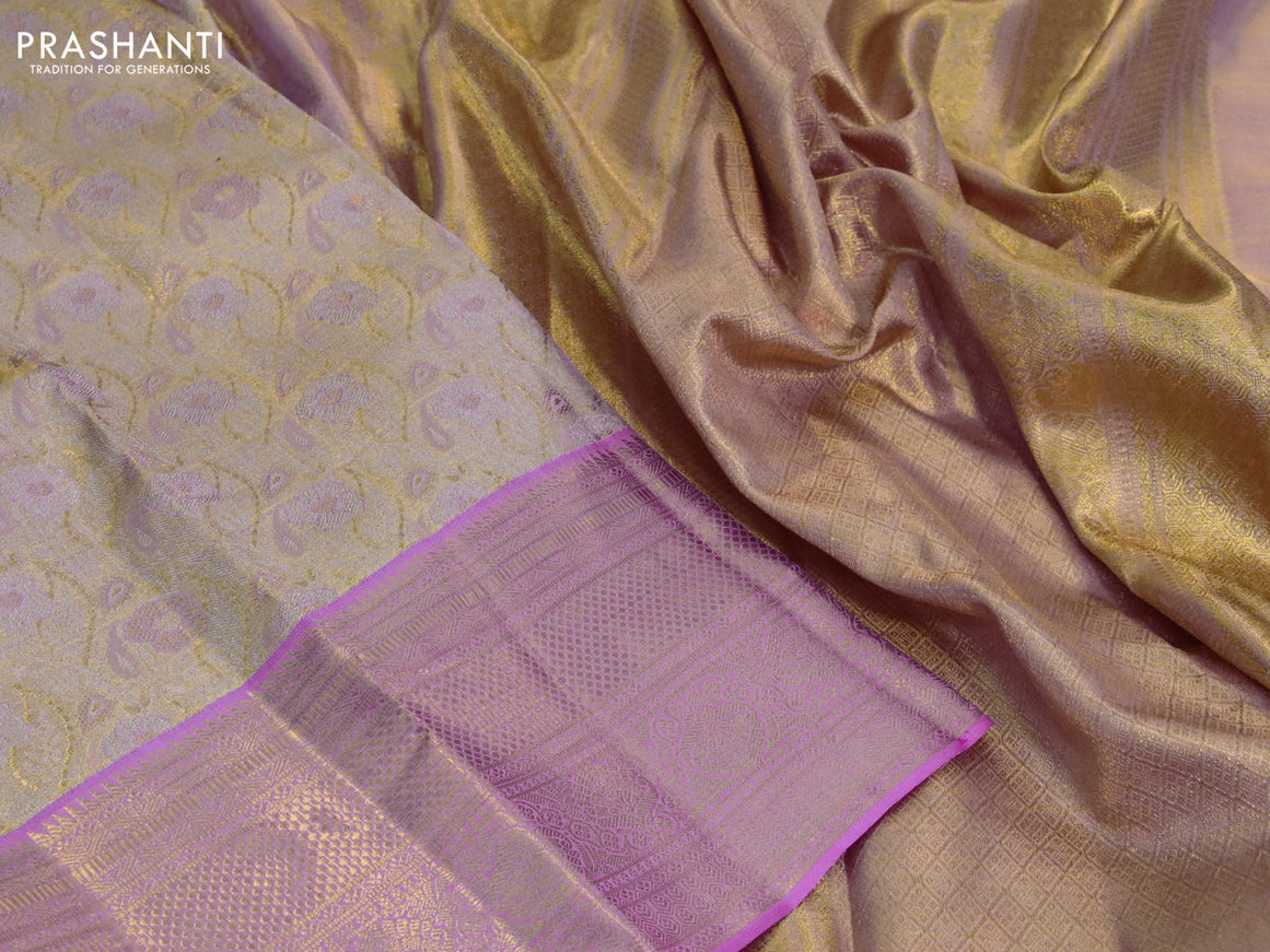 Kanchipuram tissue silk saree dual shade of gold and light pink with allover zari woven brocade weaves and long zari woven border