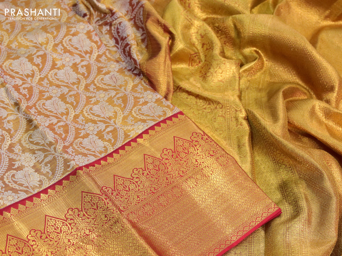 Kanchipuram tissue silk saree dual shade of gold and red with allover silver zari woven brocade weaves and long zari woven border