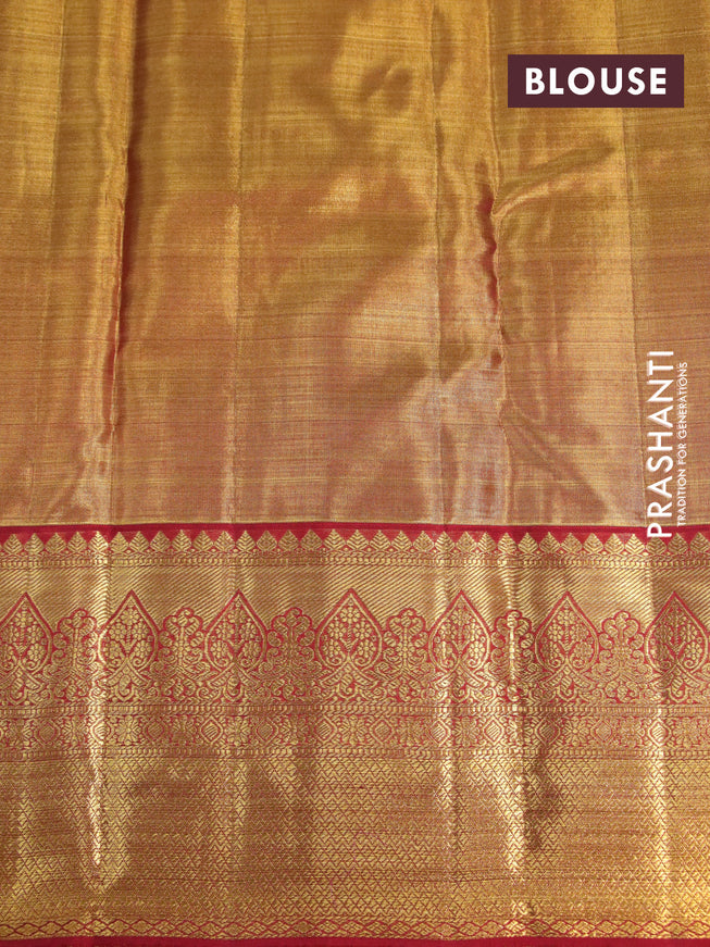 Kanchipuram tissue silk saree dual shade of gold and red with allover silver zari woven brocade weaves and long zari woven border