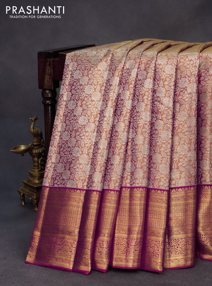 Kanchipuram tissue silk saree dual shade of gold and pink with allover silver zari woven brocade weaves and zari woven border