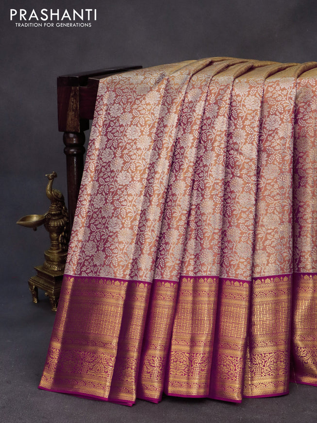 Kanchipuram tissue silk saree dual shade of gold and pink with allover silver zari woven brocade weaves and zari woven border