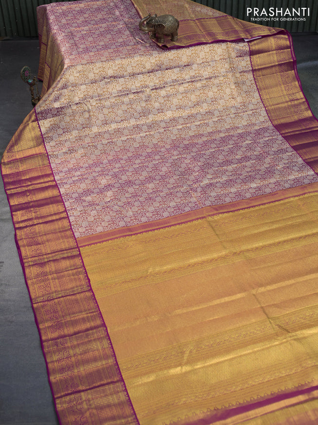 Kanchipuram tissue silk saree dual shade of gold and pink with allover silver zari woven brocade weaves and zari woven border