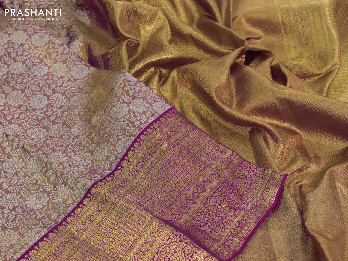 Kanchipuram tissue silk saree dual shade of gold and pink with allover silver zari woven brocade weaves and zari woven border