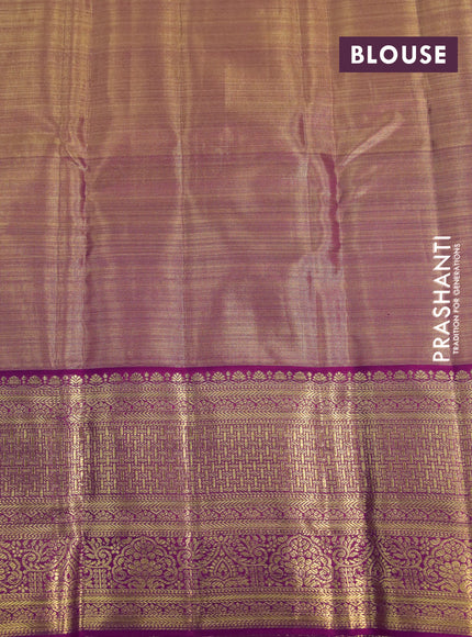 Kanchipuram tissue silk saree dual shade of gold and pink with allover silver zari woven brocade weaves and zari woven border