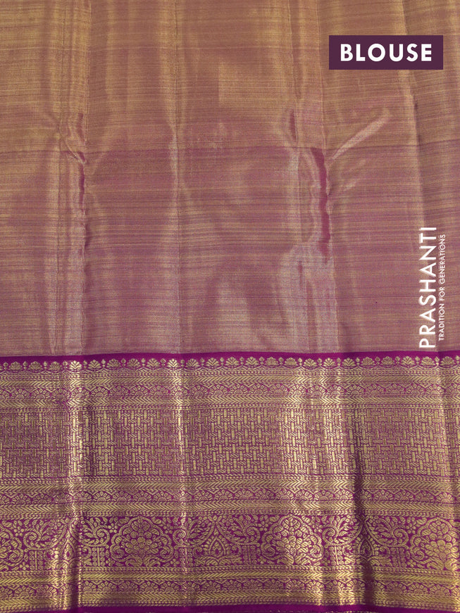 Kanchipuram tissue silk saree dual shade of gold and pink with allover silver zari woven brocade weaves and zari woven border