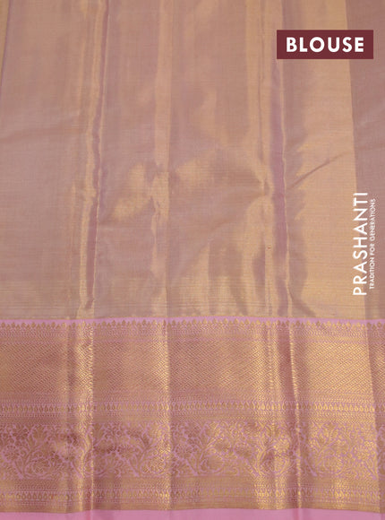 Kanchipuram tissue silk saree dual shade of peach and peach pink with allover silver zari woven brocade weaves and long zari woven border