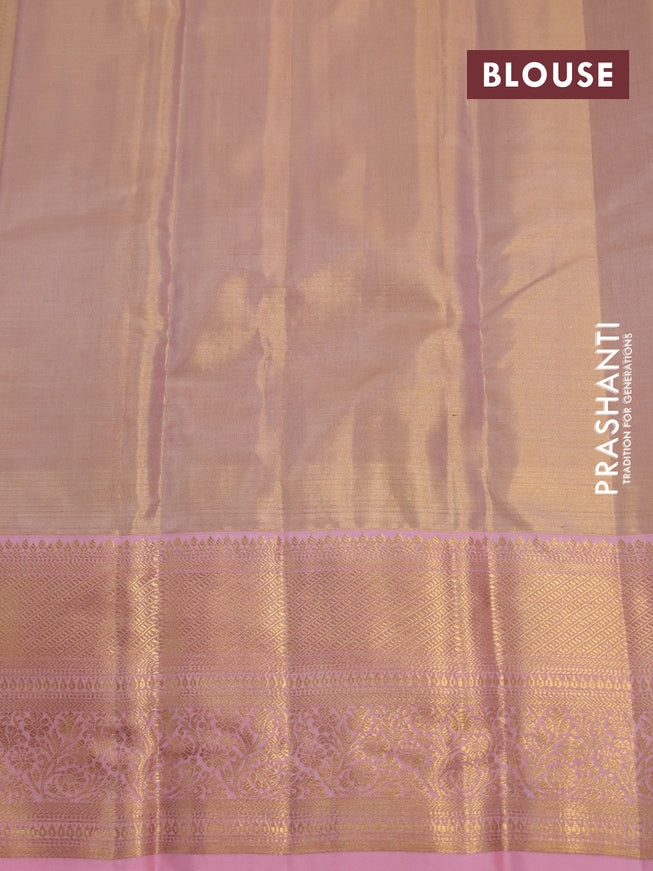 Kanchipuram tissue silk saree dual shade of peach and peach pink with allover silver zari woven brocade weaves and long zari woven border