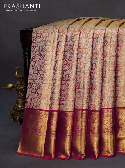 Kanchipuram tissue silk saree dual shade of reddish gold and red with allover zari woven brocade weaves and long zari woven border