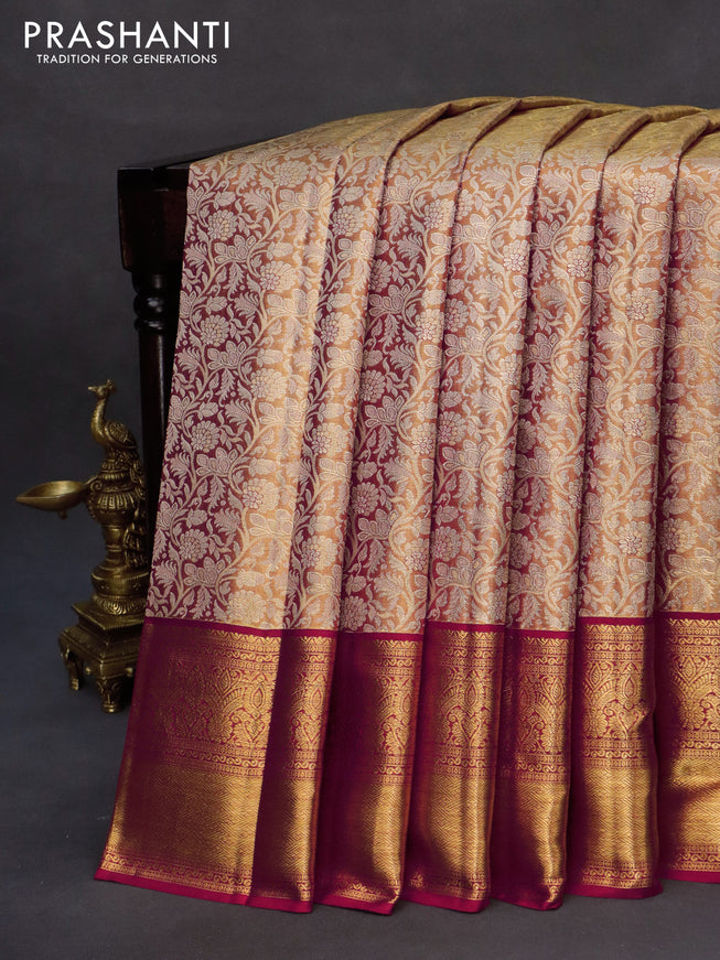 Kanchipuram tissue silk saree dual shade of reddish gold and red with allover zari woven brocade weaves and long zari woven border