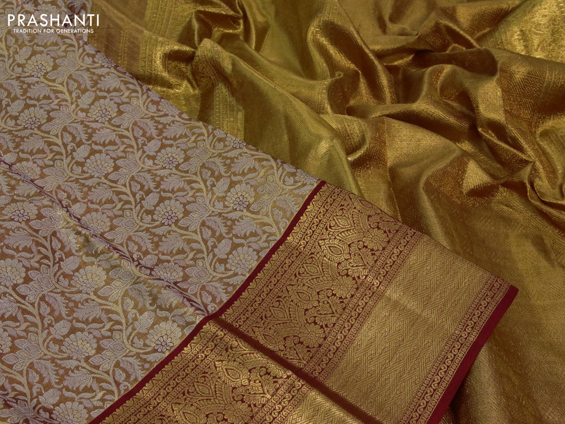 Kanchipuram tissue silk saree dual shade of reddish gold and red with allover zari woven brocade weaves and long zari woven border