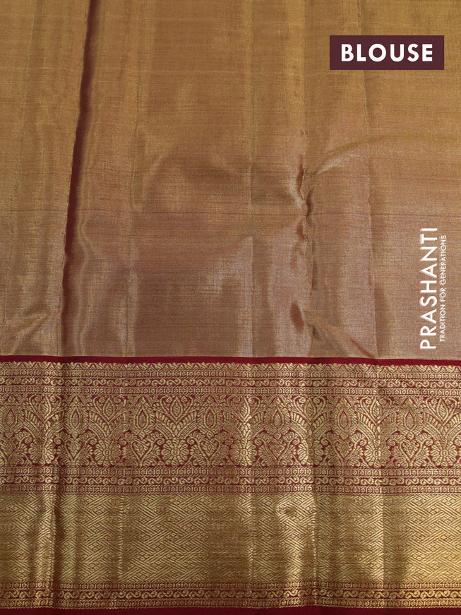 Kanchipuram tissue silk saree dual shade of reddish gold and red with allover zari woven brocade weaves and long zari woven border