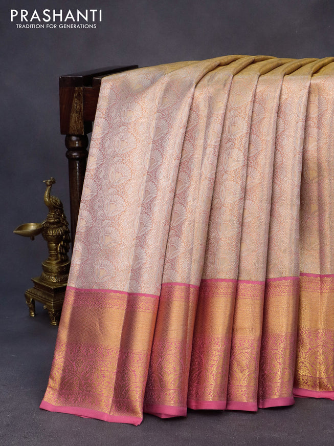 Kanchipuram tissue silk saree dual shade of gold and pink with allover silver zari woven brocade weaves and long zari woven border