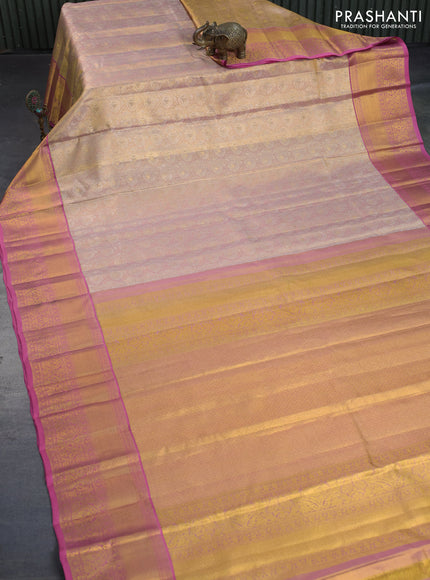 Kanchipuram tissue silk saree dual shade of gold and pink with allover silver zari woven brocade weaves and long zari woven border