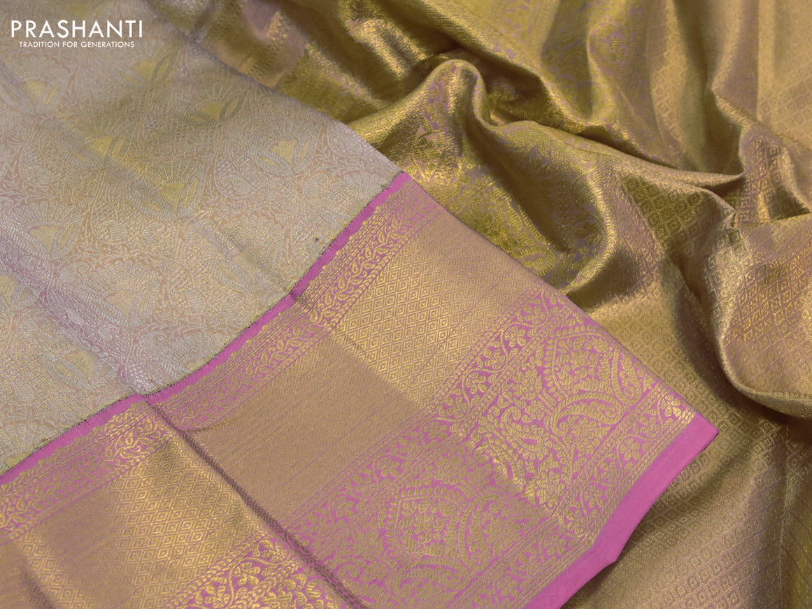 Kanchipuram tissue silk saree dual shade of gold and pink with allover silver zari woven brocade weaves and long zari woven border