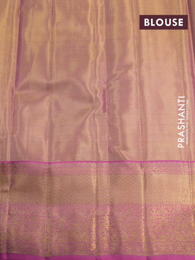 Kanchipuram tissue silk saree dual shade of gold and pink with allover silver zari woven brocade weaves and long zari woven border