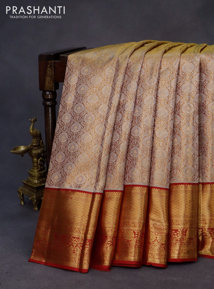 Kanchipuram tissue silk saree dual shade of gold and red with allover silver zari woven brocade weaves and zari woven border