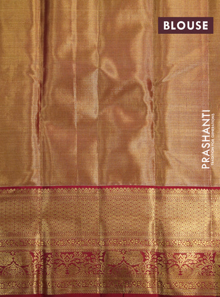 Kanchipuram tissue silk saree dual shade of gold and red with allover silver zari woven brocade weaves and zari woven border