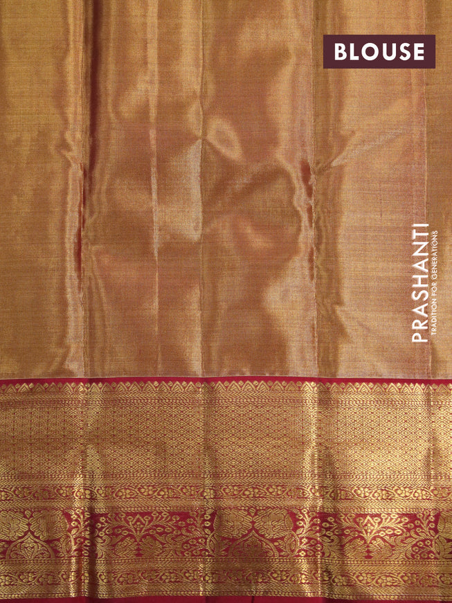 Kanchipuram tissue silk saree dual shade of gold and red with allover silver zari woven brocade weaves and zari woven border