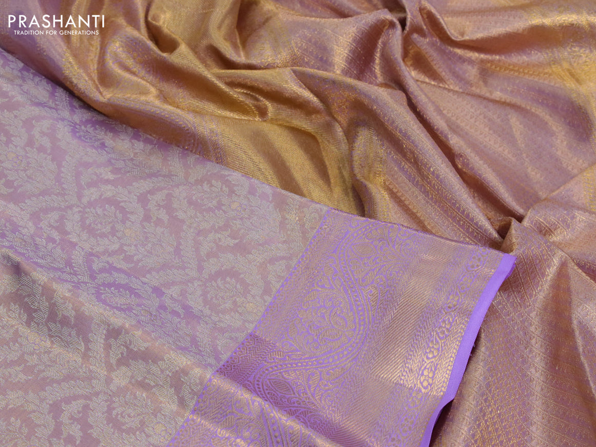 Kanchipuram tissue silk saree dual shade of lavender with allover silver zari woven brocade weaves and zari woven border