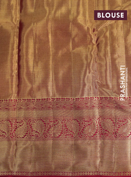 Kanchipuram tissue silk saree dual shade of goldish red and red with allover silver zari woven floral brocade weaves and long zari woven border