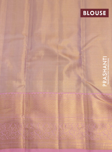 Kanchipuram tissue silk saree dual shade of peach and peach pink with allover silver zari woven brocade weaves and long zari woven border