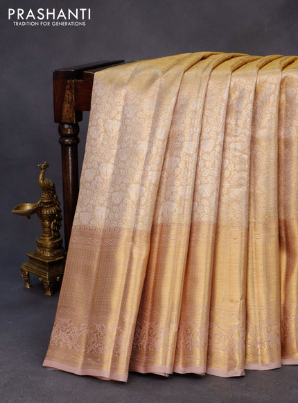 Kanchipuram tissue silk saree gold and beige with allover zari woven brocade weaves and long zari woven border