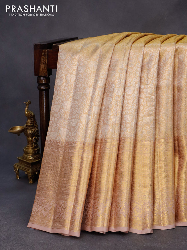 Kanchipuram tissue silk saree gold and beige with allover zari woven brocade weaves and long zari woven border