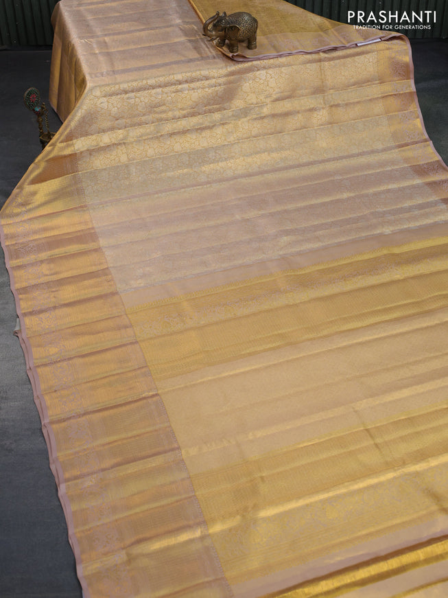 Kanchipuram tissue silk saree gold and beige with allover zari woven brocade weaves and long zari woven border