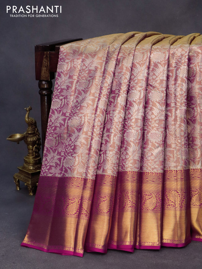 Kanchipuram tissue silk saree dual shade of gold and pink with allover silver zari woven brocade weaves and long zari woven border