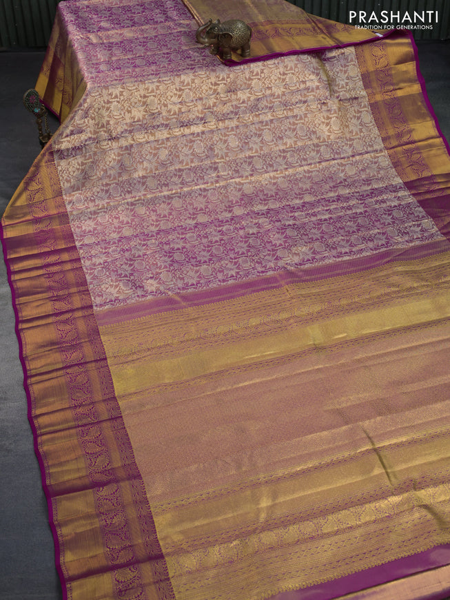 Kanchipuram tissue silk saree dual shade of gold and pink with allover silver zari woven brocade weaves and long zari woven border