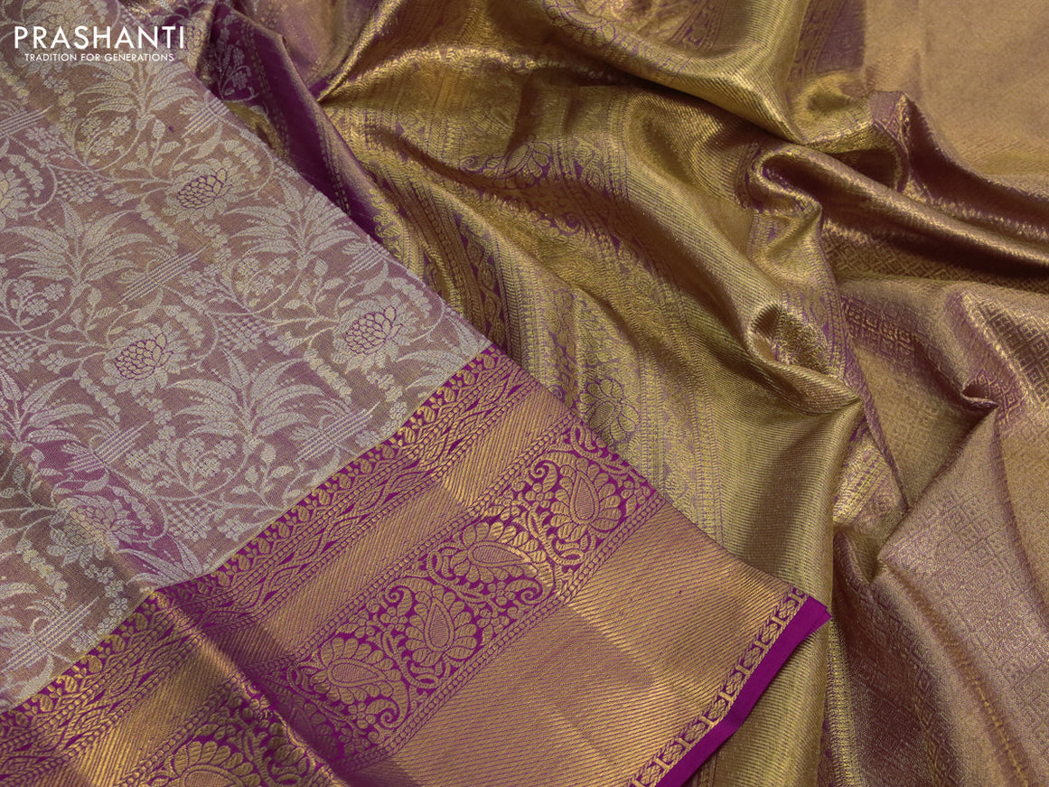 Kanchipuram tissue silk saree dual shade of gold and pink with allover silver zari woven brocade weaves and long zari woven border