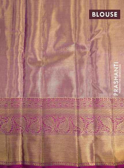 Kanchipuram tissue silk saree dual shade of gold and pink with allover silver zari woven brocade weaves and long zari woven border