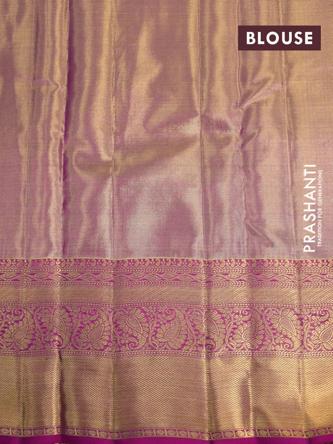 Kanchipuram tissue silk saree dual shade of gold and pink with allover silver zari woven brocade weaves and long zari woven border