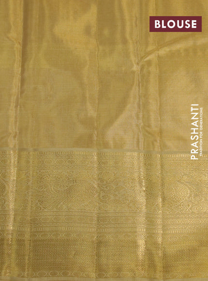 Kanchipuram tissue silk saree gold and sandal with allover silver zari woven brocade weaves and long zari woven border