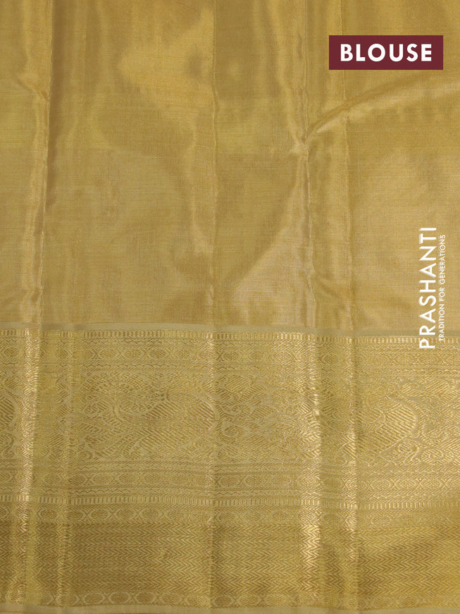 Kanchipuram tissue silk saree gold and sandal with allover silver zari woven brocade weaves and long zari woven border